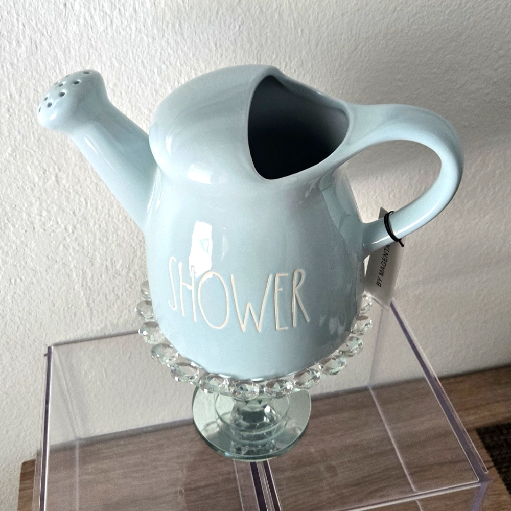 Rae Dunn SHOWER Blue Ceramic Watering Can